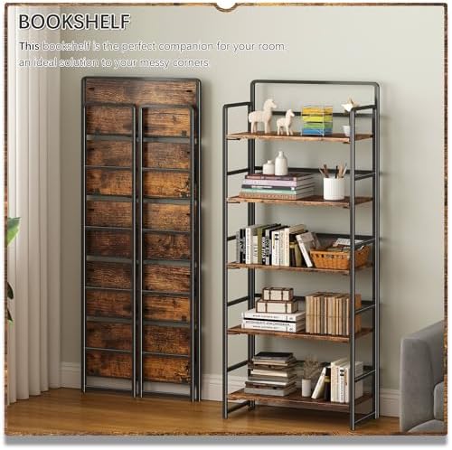 4NM No Assembly 5 Tier Folding Bookshelf Tall Storage Shelves Vintage Bookcase Standing Racks Study Organizer Home Office - Image 3