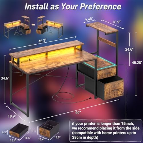 Aheaplus 59" Gaming Desk with RGB LED & Power Outlet &PC Case/Printer Stand - Image 2