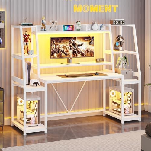SEDETA 65.7'' Gaming Desk with LED Lights, Hutch and Storage Shelves, White - Image 3