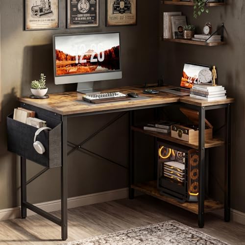 TIQLAB Small Computer Desk with Power Outlets, 40 Inch L Shaped Desk with Reversible Shelves, Gaming Desk Corner Desk Study Writing Desk for Home Office Bedroom Small Space, Rustic Brown - Image 2