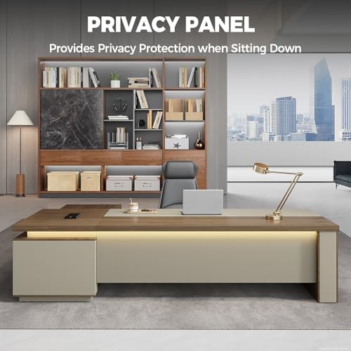 Compact Reversible L Shaped Executive Desk for Manager, Home Office Desk with Power Outlet & USB Ports, LED Ambient Lighting, Storage Cabinet (Black Walnut+Khaki, 95" L*71" W*30" H) - Image 3