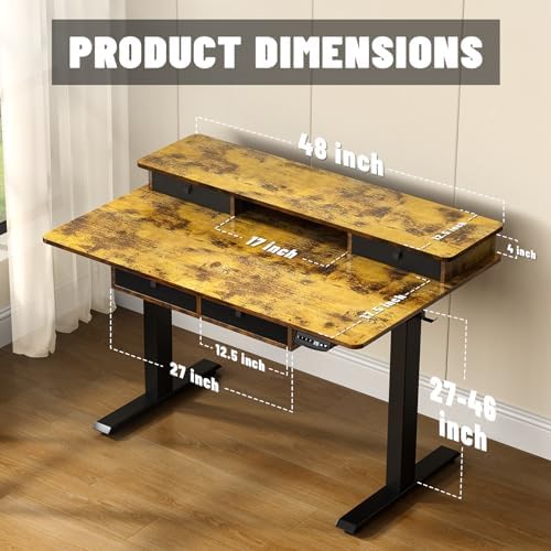 48 * 30 Inches Electric Standing Widened Desk Adjustable Height with 4 Drawers, Double Storage Shelves Stand Up Desk, Home Office Workstation Sit Stand up Desk (Rustic Brown) - Image 3