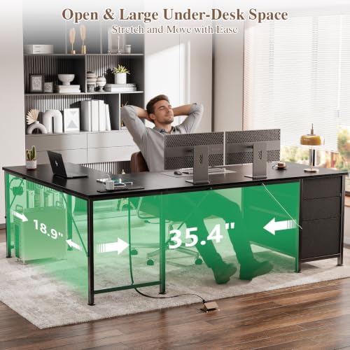 Furologee 63" L Shaped Desk with Power Outlets & USB-C Port, Reversible Corner Computer Desk with 3 Fabric Drawers, Hooks, Home Office Desk for Gaming, Writing, Work, Black - Image 5