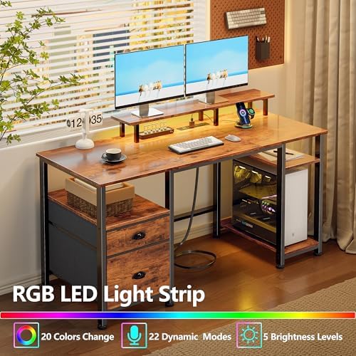 Furologee 51" Computer Desk with Outlets & LED, Desk with Drawers, Brown - Image 3