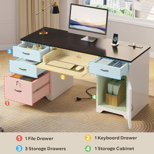 Bestier 59” Office Desk with Lockable Drawers, Modern Computer Desk with File Drawer, Charging Station & Drop-Front Keyboard Drawer, Executive Desk with Storage Cabinet for Home Office & Studio, White - Image 4