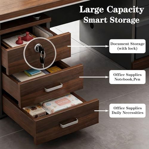 Large Home Office Desk with 3 Drawers, Large Desk with Storage Cabinet, Computer Desk with Drawers, Executive Desk for Home Office & Studio,63×27.5×30 in - Image 4