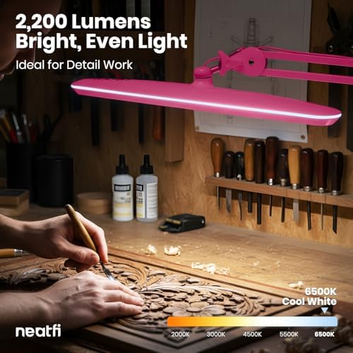Neatfi XL 2,200 Lumens 24W LED Desk Lamp – 23” Wide Shade | Dimmable Eye-Caring Task Light | Adjustable Arm | Home Office, Study, Crafts & Nail Tech (Pink, Non-CCT with Clamp) - Image 6