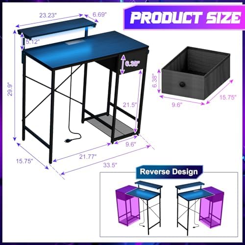 X-cosrack 33.5" Small Gaming Desk with LED Lights & Power Outlets, Compact Computer Desk with Monitor Stand & CPU Stand, Gamer Table with Storage Drawer, Side Hooks for Home Office, Bedroom, Black - Image 2