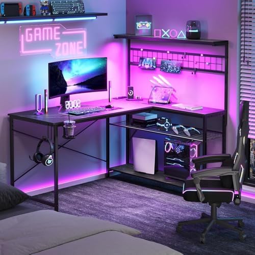 Bestier 51 Corner Computer Desk with Power Outlets LED Lights, Black Marble - Image 3