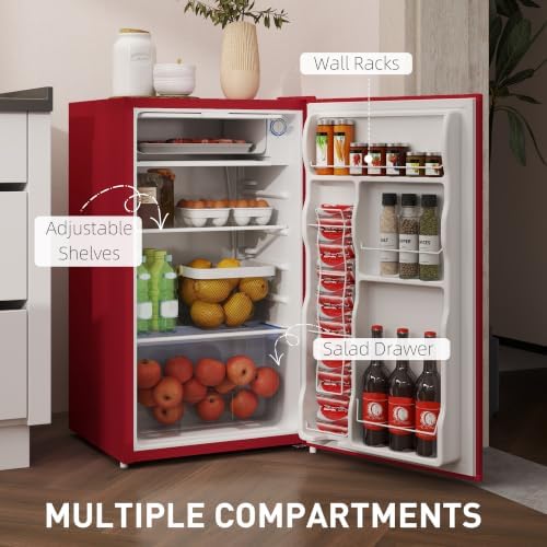 HOMCOM 3.2 Cu.Ft Mini Fridge with Freezer Single Reversible Door Red - Image 5
