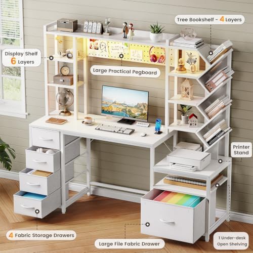 61.4" Computer Desk with Bookshelf, 5 Drawers, Desk with Hutch, Outlet, LED - Image 3