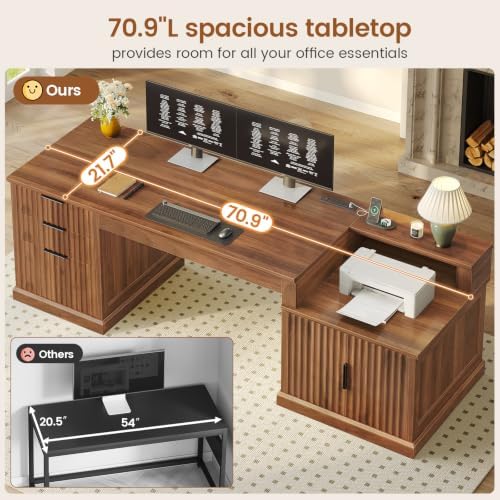 SEDETA 70.9" Executive Desk, Fluted Office Desk with Drawers, Brown - Image 7