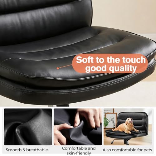 GTPLAYER Cross Legged Office Chair, Armless Desk Chair Cute Vanity Chair with Wheels Computer Chair Comfy Wide Office Chair Adjustable Swivel for Home Computer Task,Pu Leather, Black - Image 4