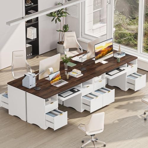 Bestier Computer Desk with Keyboard Tray, 59 inch Office Desk with 4 Drawers, Modern Home Office Desk with File Drawer (Walnut with White, 59" W with Double-Sided Drawers) - Image 4