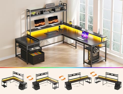 EnHomee 64x59 Inch Two Person L Shaped Gaming Desk with Shelf & LED Lights - Image 3