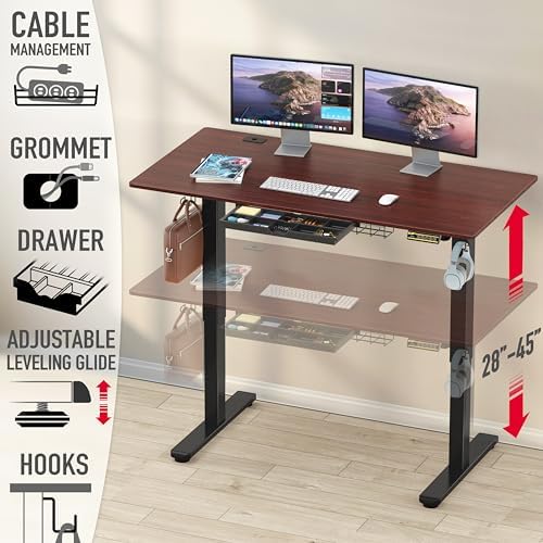 SHW 55 x 28 Electric Height Adjustable Standing Desk w/Drawer, Cherry - Image 4