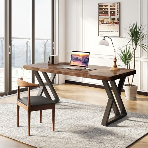 Solid Wood Desk 55 inches, Home Office Computer Desk Wooden Rustic Writing Desk Metal Modern Simple Design Executive Real Wood Desk(Rustic Brown) - Image 3