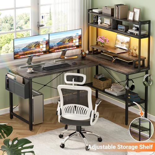 Aheaplus L Shaped Gaming Desk with Power Outlets & LED Lights, Black Oak - Image 5