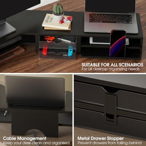 Fenge Dual Monitor Stand, Corner Desk Shelf with Drawer & Slide-Out Tray - Image 5