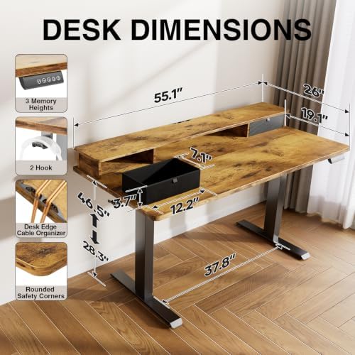 Veken 55x26 in Electric Standing Desk with Drawers, Adjustable Table, Brown - Image 3