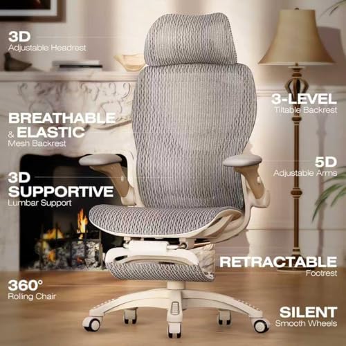 ELABEST X100 Ergonomic Mesh Office Chair with Footrest, Big and Tall Home Desk Chair with 5D Flip-Up Arms, Adjustable 3D Lumbar Support, Gaming & Executive Computer Chair (Foggy Morning) - Image 3