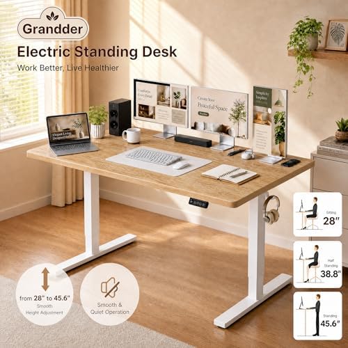 Grandder 47x32 Large Electric Standing Desk, Height Adjustable Computer Desk with 2 Memory Presets, 31.5" Deep Desktop Sit Stand Desk Home Office Desk Workstation Table with Hooks, Oak - Image 3