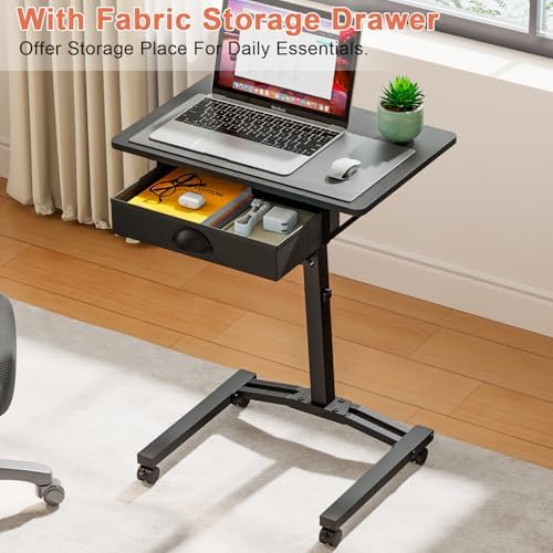 Rolling Adjustable Height Computer Desk With Drawers, Small Mobile Laptop Desk Cart On Wheels For Small Spaces Home Office, Portable Sitting Laptop Table For Bed Couch Load Up To 60LBS, Sturdy, Black - Image 4