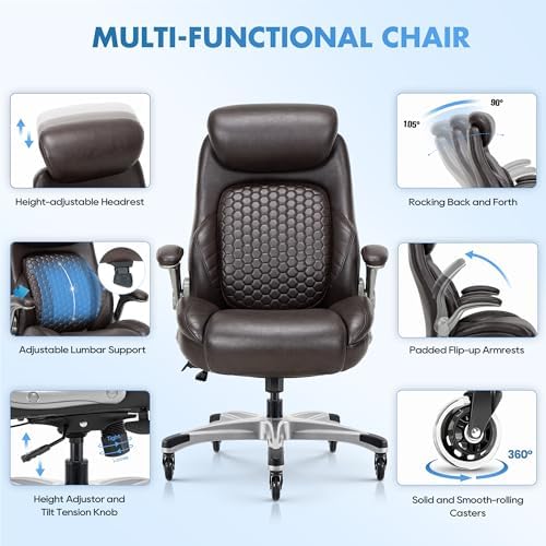 COLAMY Office Ergonomic Desk High Back Executive Chair with Pop-Out Lumbar Support, Upgraded Casters, Adjustable Headrest, Flip-Up Arms, Leather Home with Thick Cushion for Comfort - Brown - Image 4