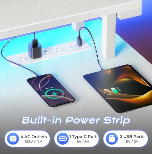 PRAISUN 63 inch Gaming Desk, LED & Power Outlets, Monitor Stand, White - Image 5