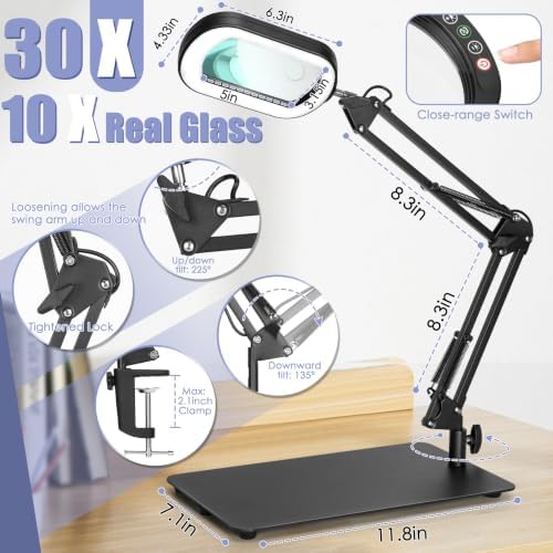 30X 12X Square Magnifying Glass with Light and Stand, Real Glass LED Lighted Magnifier, 5 Color Modes Stepless Dimmable, Hands-Free Mag Desk Lamp with Clamp for Reading Craft Hobby Close Work Black - Image 3