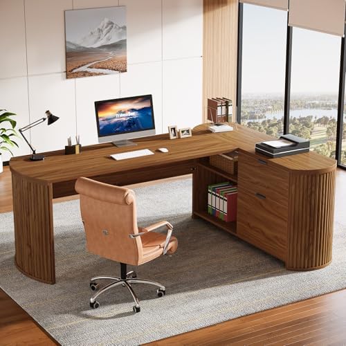 Tribesigns 79" L-Shaped Executive Desk with File Drawers, Brown - Image 6
