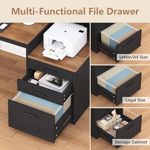 YOMILUVE Computer Desk with 3 Drawers & Storage Shelves, 65 Inch Home Office Desk with File Drawer & Cabinet, Writing Study Desks with Monitor Stand & Printer Shelf, Executive Desk, Brown and Black - Image 5