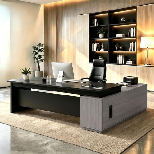 L Shaped Executive Desk with Drawers, Large Wood Workstation, Modern Executive Office Furniture for Home Office and Business Workspace, Multiple Sizes & Colors by Unknown