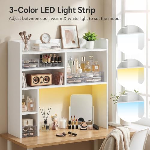 OFCASA Desktop Bookshelf with LED Lights, Countertop Storage Hutch with 7 Shelves for Computer Desk, 35.4'' 3-Tier Display Rack, Wooden Desk Hutch Storage Organizer for Home Office Dorm, White - Image 4