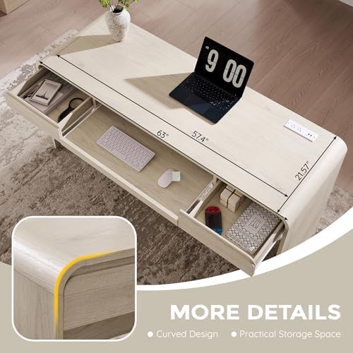 63" Modern Computer Desk with 2 Drawers, Wood Curved (Cream) - Image 4