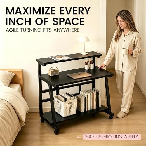 47.2 Inch Compact Rolling Computer Desk with Tier Worktable & Lockable Wheels, Small Computer Desk, Small Desk for Bedroom, Mobile Writing Workstation Easy Assembly for Home Office Small Spaces - Image 6