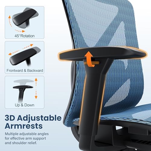 Ergonomic Office Chair, Mesh Computer Desk Chairs with BIFMA X5.1 Certified, Adjustable Lumbar Support, 3D Arm, Tilt Back, Wide Seat, Comfy Swivel Work Task Chair for Company and Home (Azure Blue) - Image 5