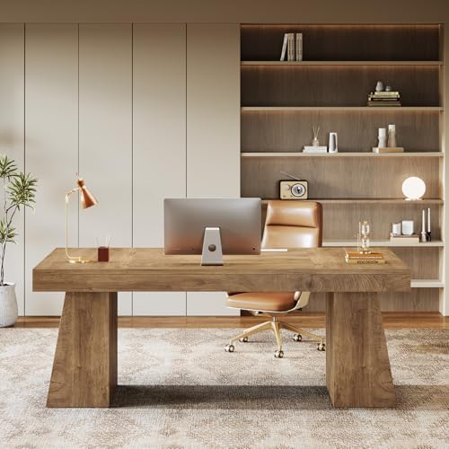 Tribesigns 55-Inch Executive Desk, Thick Wood Office Computer Desk with Double Pedestal, Modern Minimalist Workstations Writing Table Conference Table Furniture for Home Office, Brown - Image 3