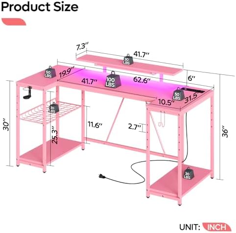 Bestier Pink Gaming Desk, 63 inch U Shaped, Pink 3D Carbon Fiber - Image 2