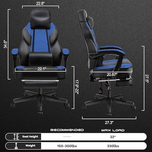 Video Game Chair for Adults, Gaming Chair with Footrest, Big and Tall Computer Chair with Massage Lumbar Support 330lbs Weight Capacity, Adjustable Height, 360° Swivel Seat and Headrest (Blue) - Image 3
