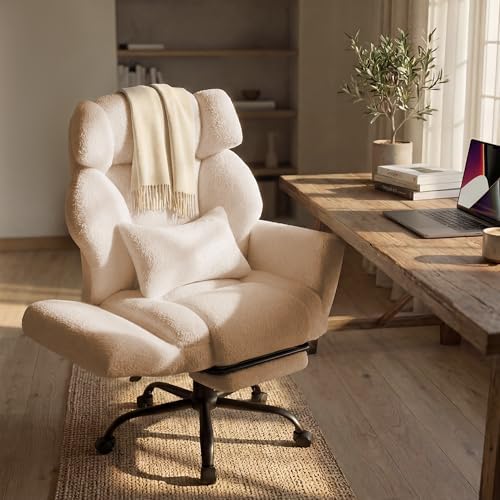 Office Chair with Flip Armrests,Big and Tall Office Chair with Foot Rest,Extra Wide Seat & Lumbar Pillow,Ergonomic Computer Gaming Chair,Comfy Criss Cross Chair for Pets Sitting,Teddy Fleece,Beige by SOFAYONN