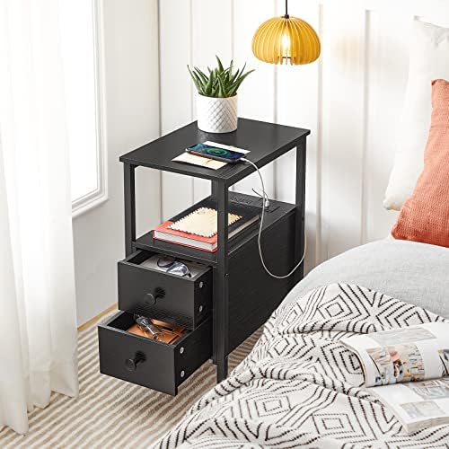 HOOBRO End Table with Charging Station, Narrow Side Table with 2 Drawer & USB Port & Power Outlets, Nightstand for Small Spaces, Stable and Sturdy, for Living Room, Bedroom, Black BK541BZ01 - Image 5