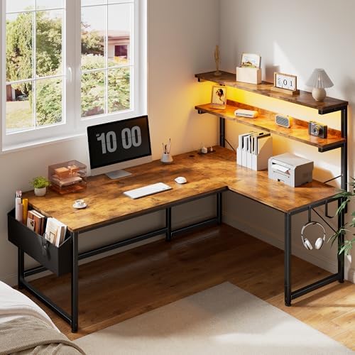 DurayLoly 53"L Shaped Desk with Storage Shelf,Side Bag,Hook for Small Space by Durayloly