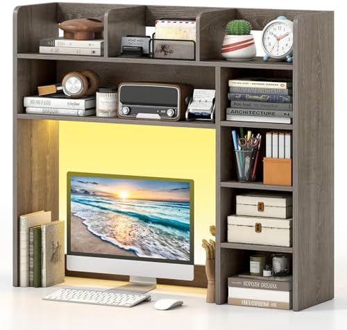 GIANTEX Desktop Bookshelf with LED Lights, 35.5" Desk Hutch Dorm for Up to 25 Inch Computer Monitors with Adjustable Storage Shelves, Wood Desk Organizer Shelves for Home Office (Grey Oak) by Giantex