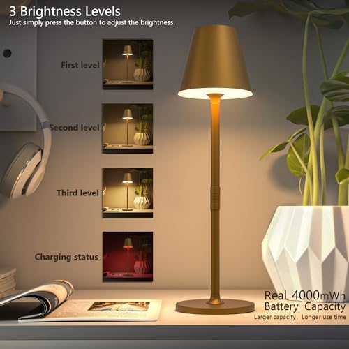 Timjorman 4-Pack Cordless Table Lamps - 5000mAh Rechargeable Battery Operated Desk Lamp, 3-Level Dimmable LED Night Light for Bedroom, Dining, Restaurant - Metal Design (Bronze 4PACK) - Image 2