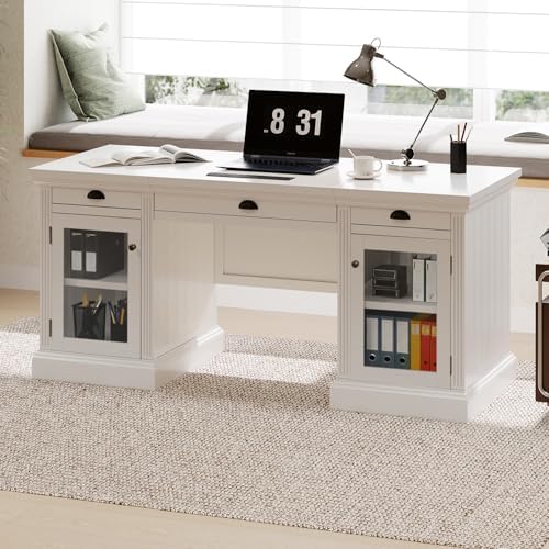 67" Large Executive Office Desk, Modern White Wood Office Computer Desk, Rectangle Home Office Desk with 2 Wooden Doors Storage Cabinet and 3 Drawers, Writing Table,Workstation (White+Glass, 67") by YHUBHSIS