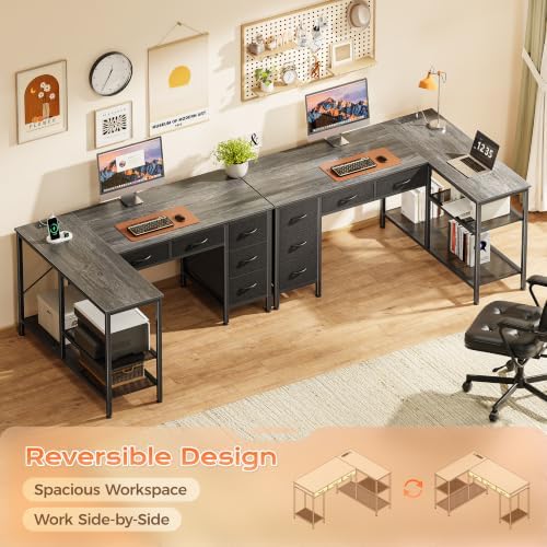 PRAISUN 47 Inch L Shaped Desk with Power Outlets, 5 Fabric Drawers - Image 6