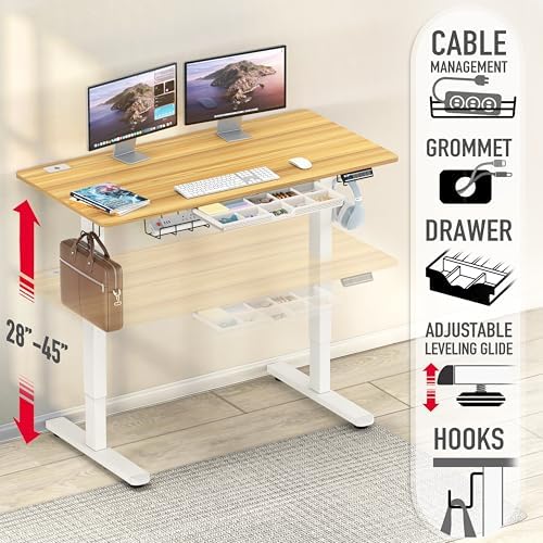 SHW 48-Inch Electric Height Adjustable Standing Desk w/Drawer, Oak - Image 4