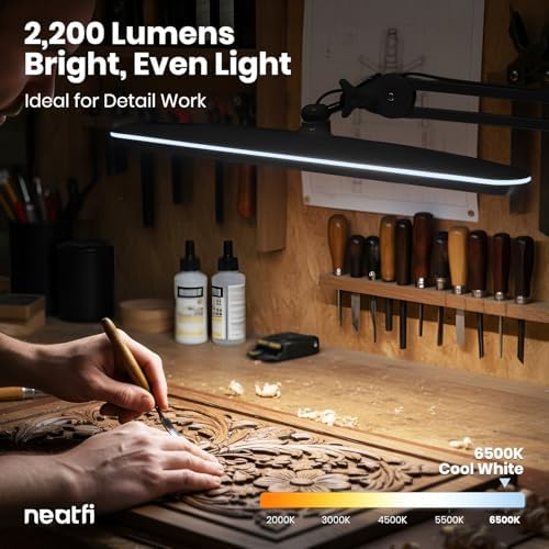 Neatfi XL 24W LED Desk Lamp – 2,200 Lumens | 23” Wide Shade | Dimmable Eye-Caring Task Light | Adjustable Arm | Office, Study, Crafting & Nail Techs (Black, Non-CCT with Base) - Image 5