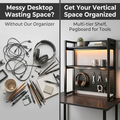 Multi-Tier Hole-Board Desktop Bookshelf, Steel Frame DIY Storage Organizer Display Rack for Office, Gaming Dorm Desks - Image 4